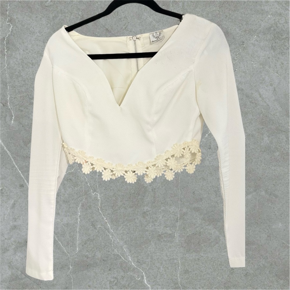 Cream Embellished Crop Blouse with Long Sleeves
